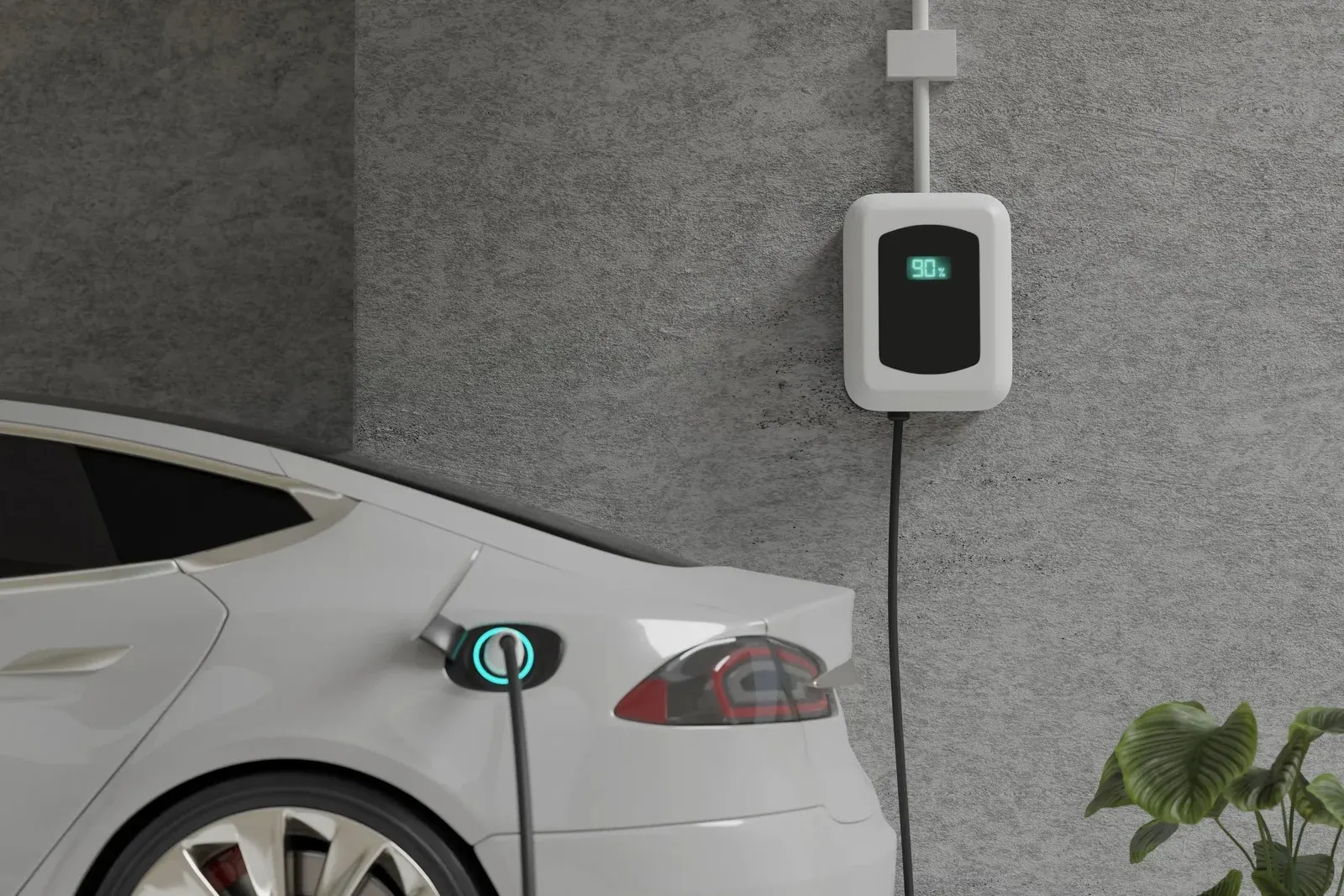 Modern EV Wall Charger in Garage with Tesla and LED Indicators